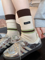 Load image into Gallery viewer, Contrast Label Double Knit Cotton Mid Calf Socks M5A042