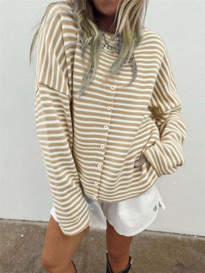 Street Style Striped Knit Cardigan Long Sleeve Women N6G286