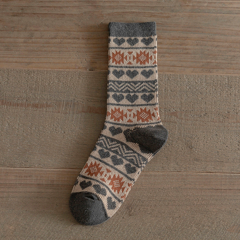 Vintage Ethnic Double Needle Thick Mid-Calf Socks N6H034