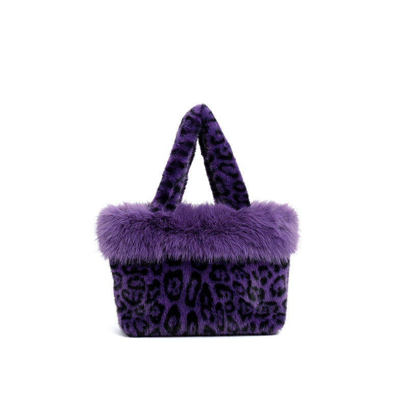 Women's Plush Leopard Print Bucket Handbag N6J174