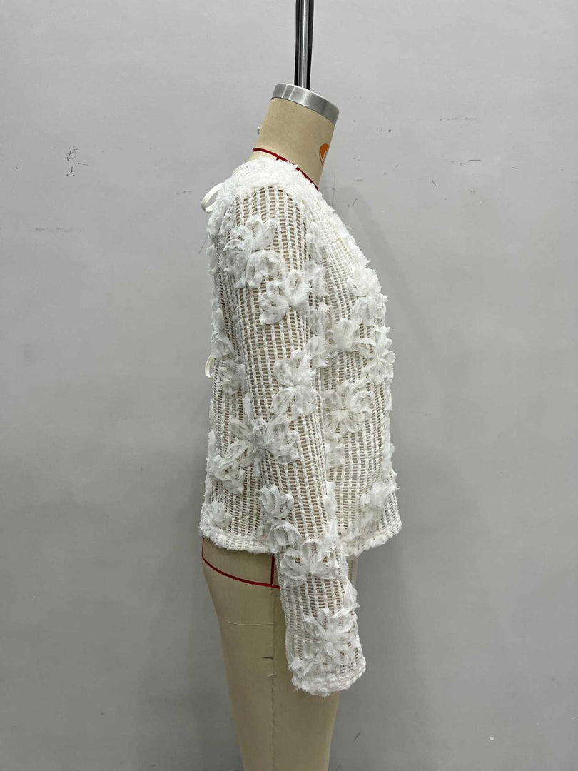Lace Relief Knit Cardigan Back Cutout Tie N6F184