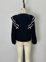 Load image into Gallery viewer, Black Puff Sleeve Lace Trim Blouse Women N6C261