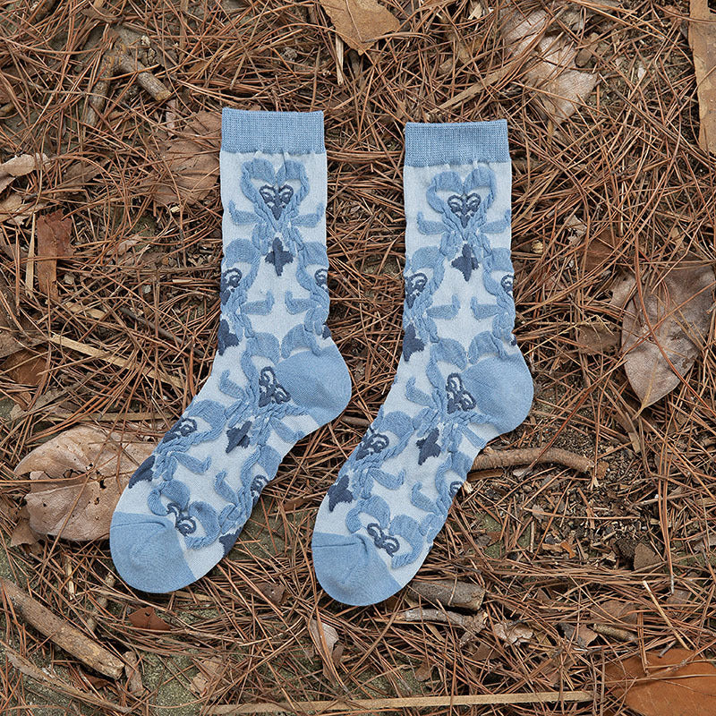 Vintage Blue Ethnic Style Mid-Calf Cotton Socks Women N6H020