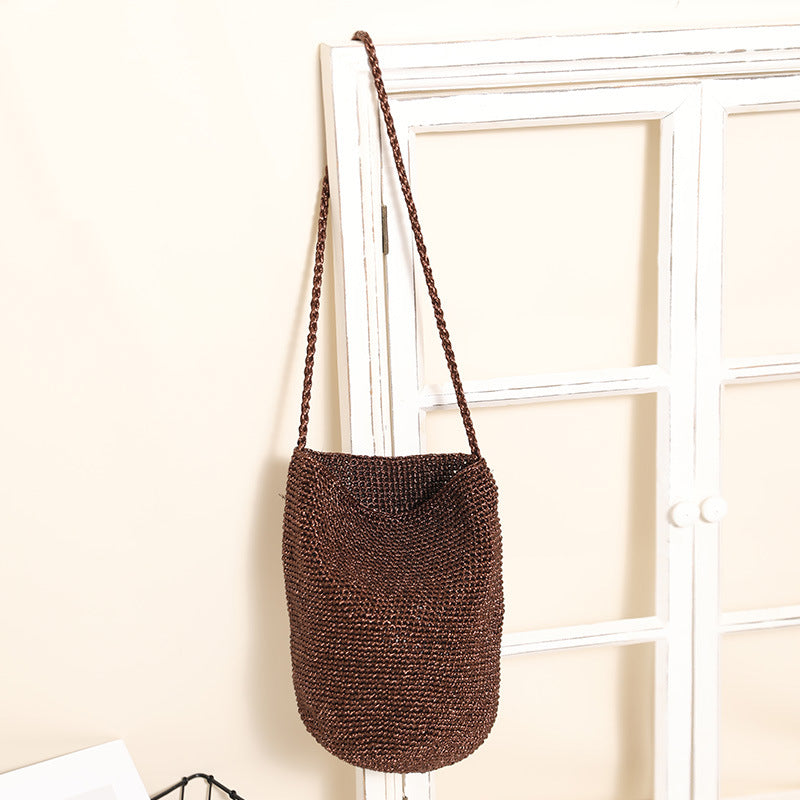 Woven Straw Look Crossbody Bucket Bag Beach N6E054