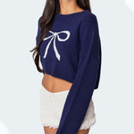 Load image into Gallery viewer, Bow Cropped Pullover Long Lightweight Navy N5Z656
