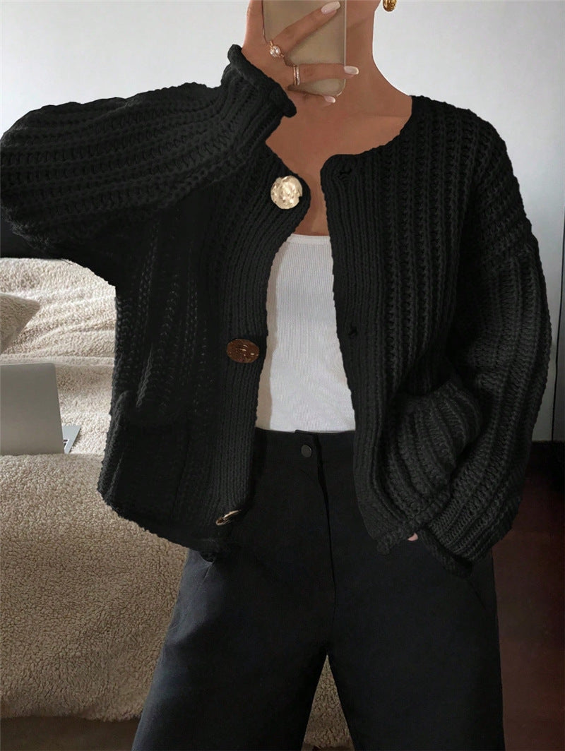Round Neck 3-Button Pocket Cardigan French Style N6G288