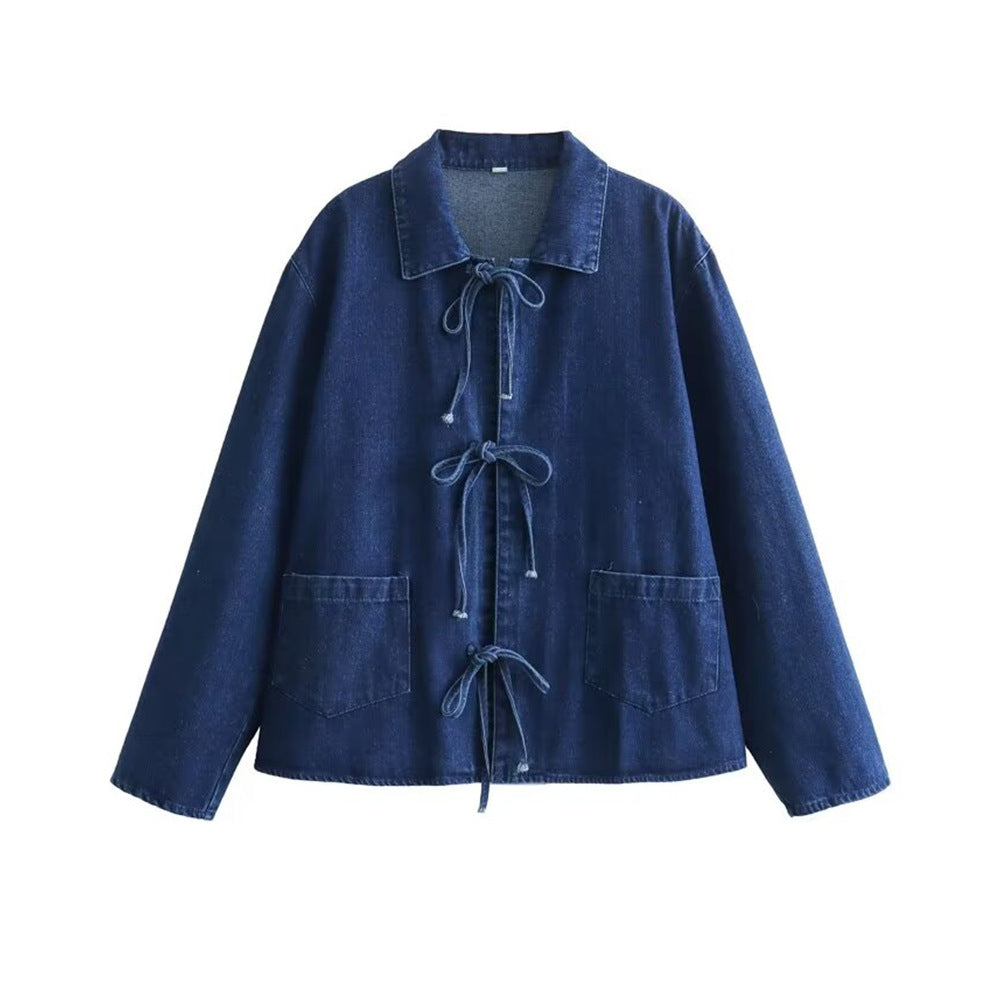 Utility Washed Denim Shirt Detachable Bow  N5Z326