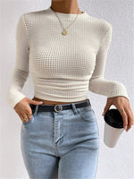 Load image into Gallery viewer, Fitted Checkered Long Sleeve Ruffle T-shirt Women N6C323