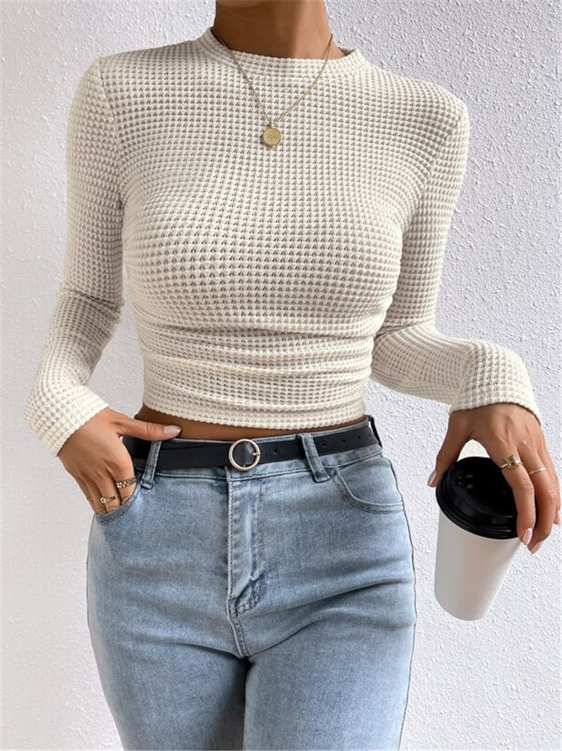 Fitted Checkered Long Sleeve Ruffle T-shirt Women N6C323