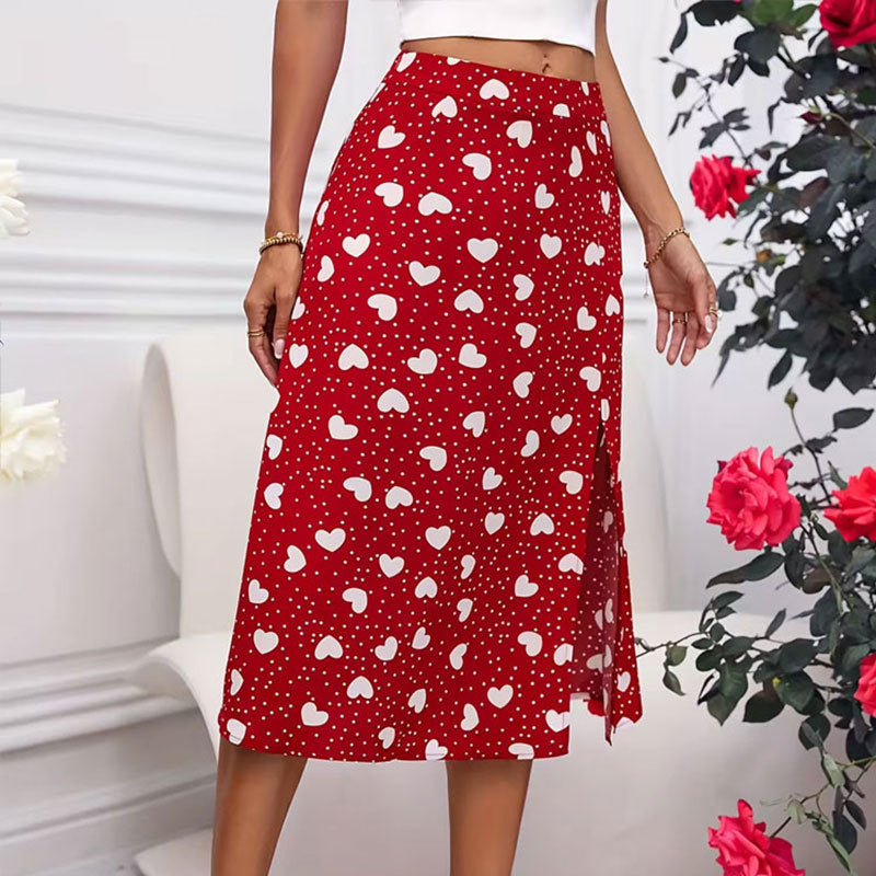 Printed Heart Polka Dot Slit Midi Pencil Skirt N6A124