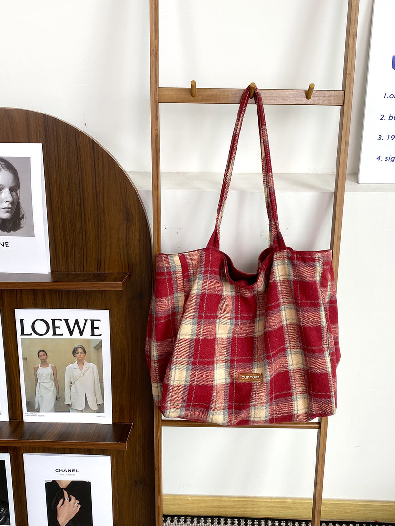 Women's Plaid Wool Tote Shoulder Bag N6J183
