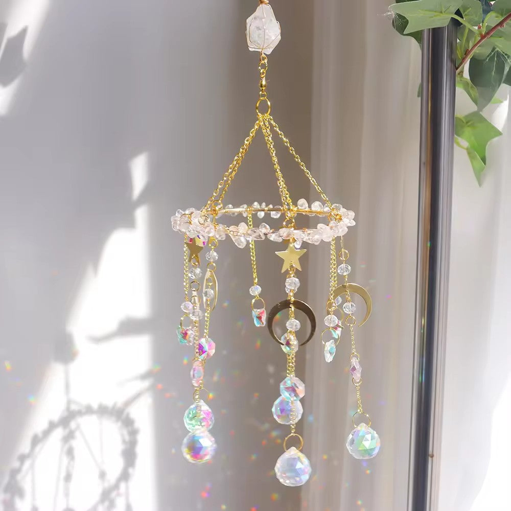 Raw Crystal Rotating Wind Chime Star Moon Sun Catcher N6F292