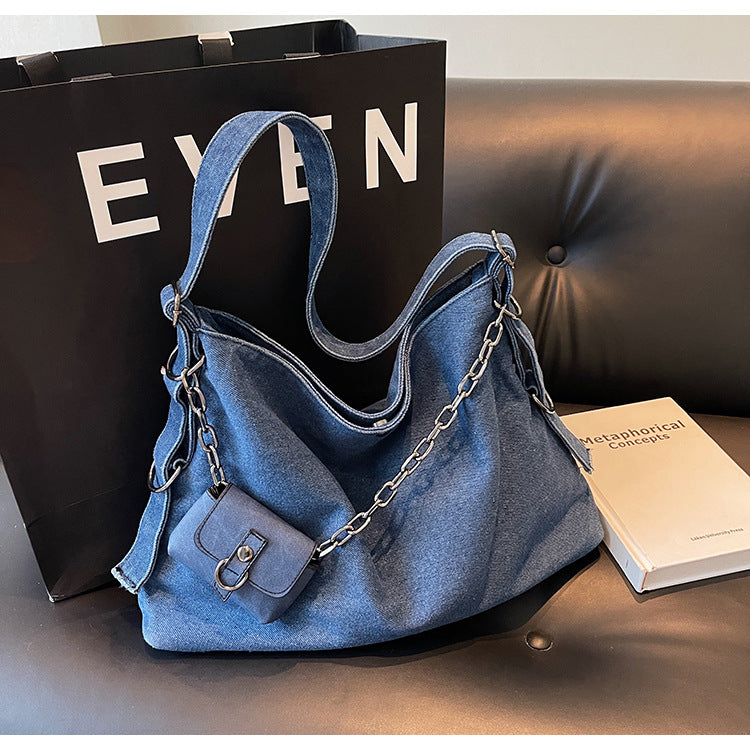 Women's Washed Denim Chain Strap Tote Bag N6J200