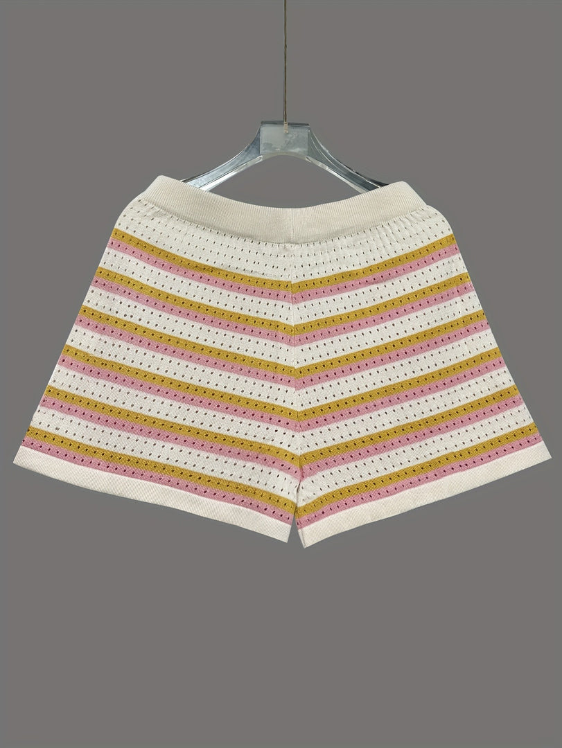 Knit Striped Lapel Short Sleeve Set Women N6D094