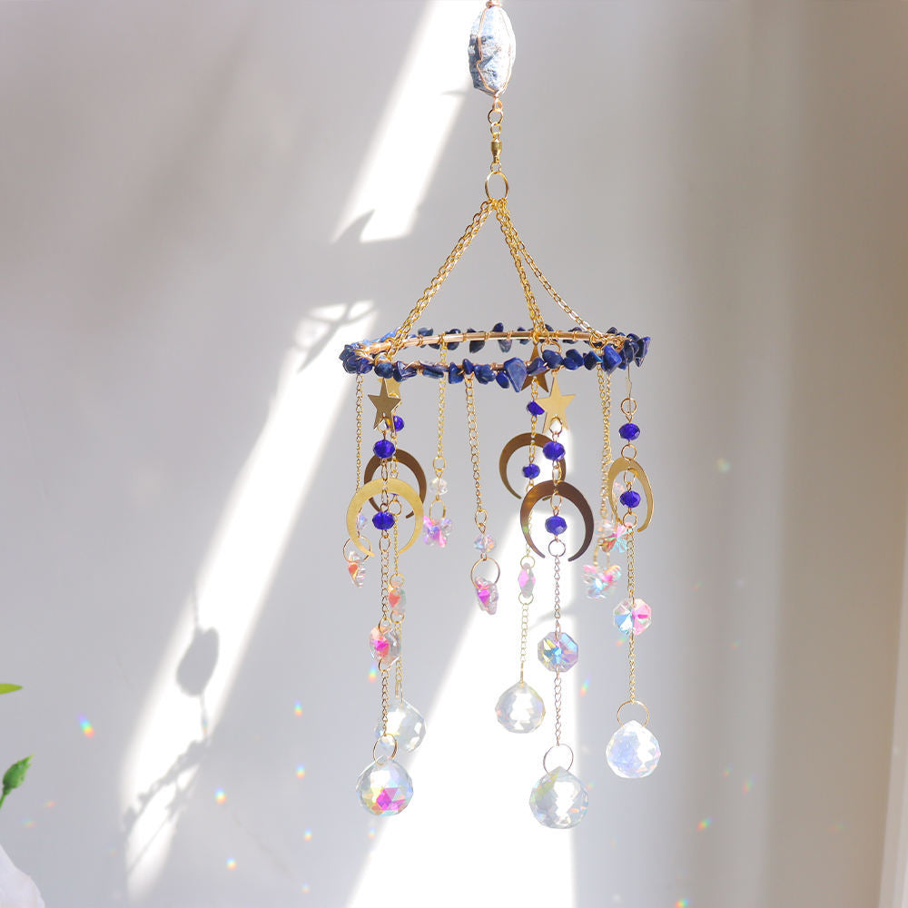 Raw Crystal Rotating Wind Chime Star Moon Sun Catcher N6F292