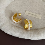 Load image into Gallery viewer, Hammered Pearl Stone Wide Stud Earrings Women N6H165