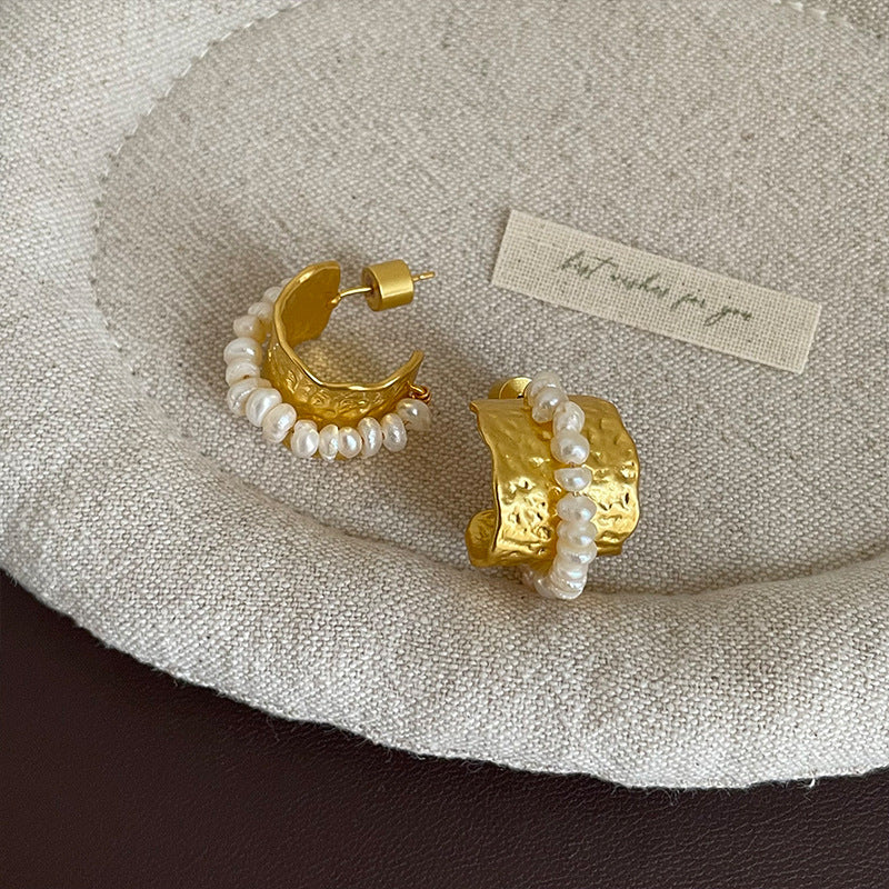Hammered Pearl Stone Wide Stud Earrings Women N6H165