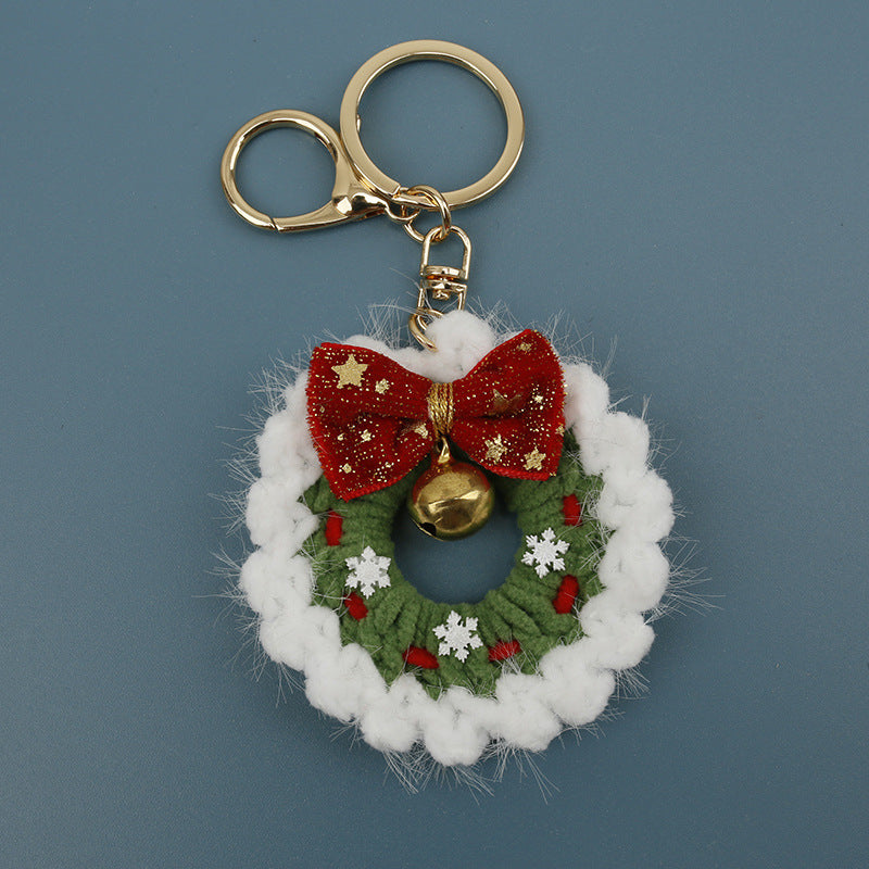 Hand Crocheted Velvet Christmas Wreath Bell Keychain N6K297
