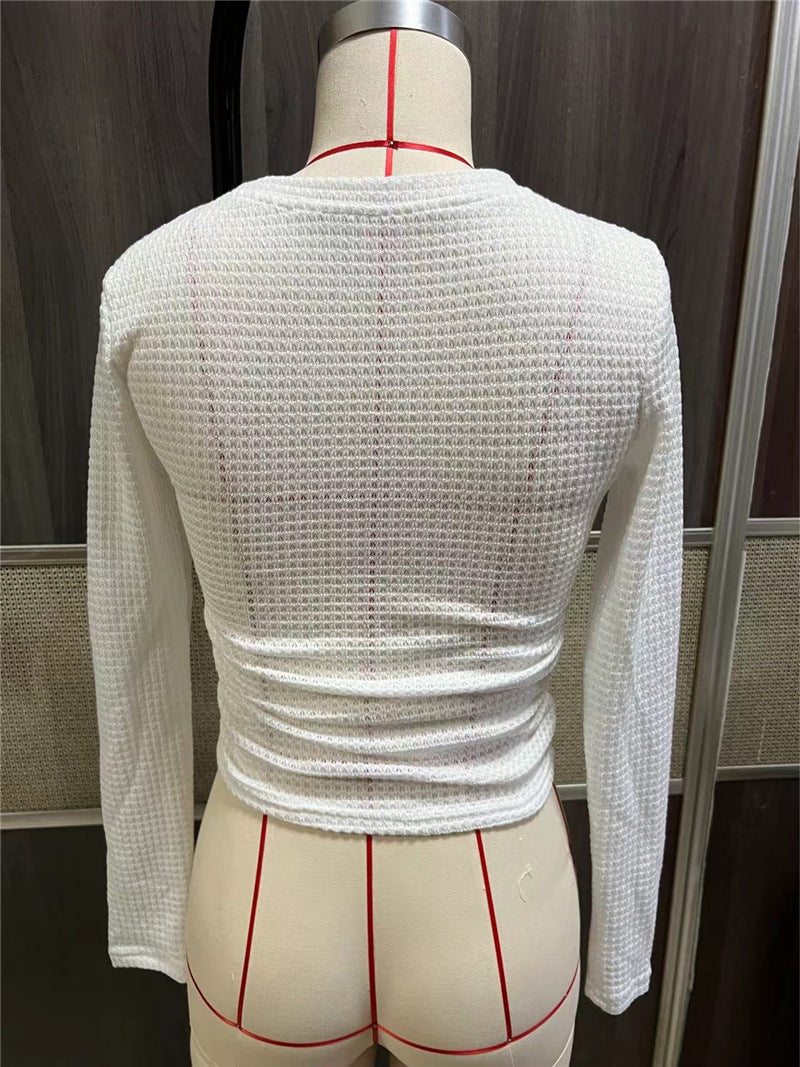 Fitted Checkered Long Sleeve Ruffle T-shirt Women N6C323