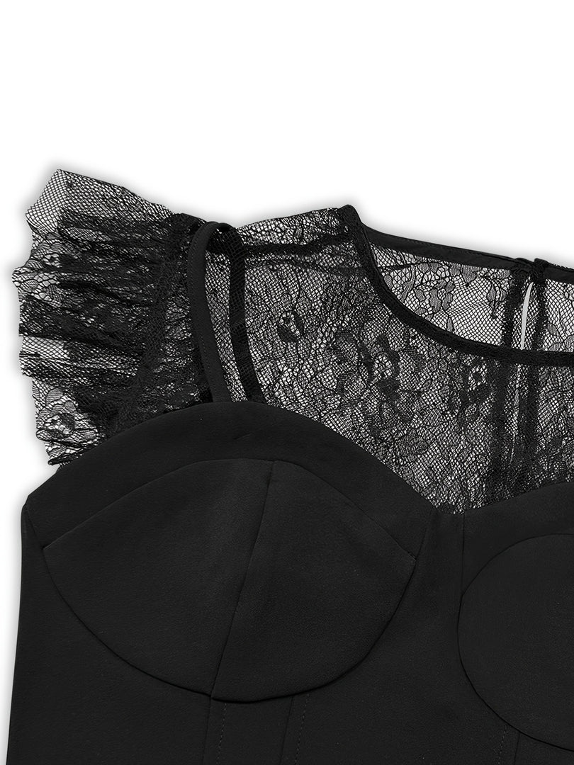 Black Lace Ruffle Cap Sleeve Sheer Crop Top N6F239