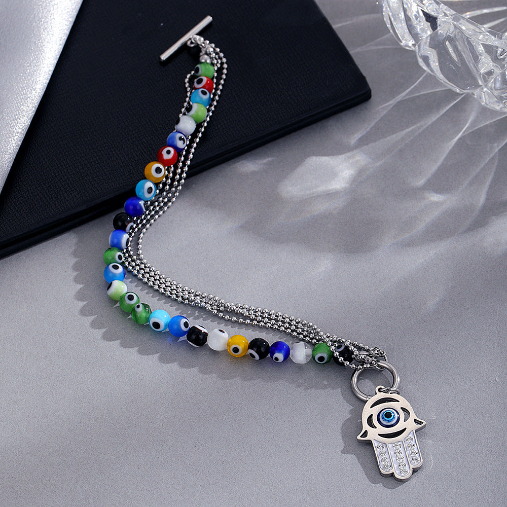 Bead Strand Bracelet Steel Evil Eye Charm Layered S5P105