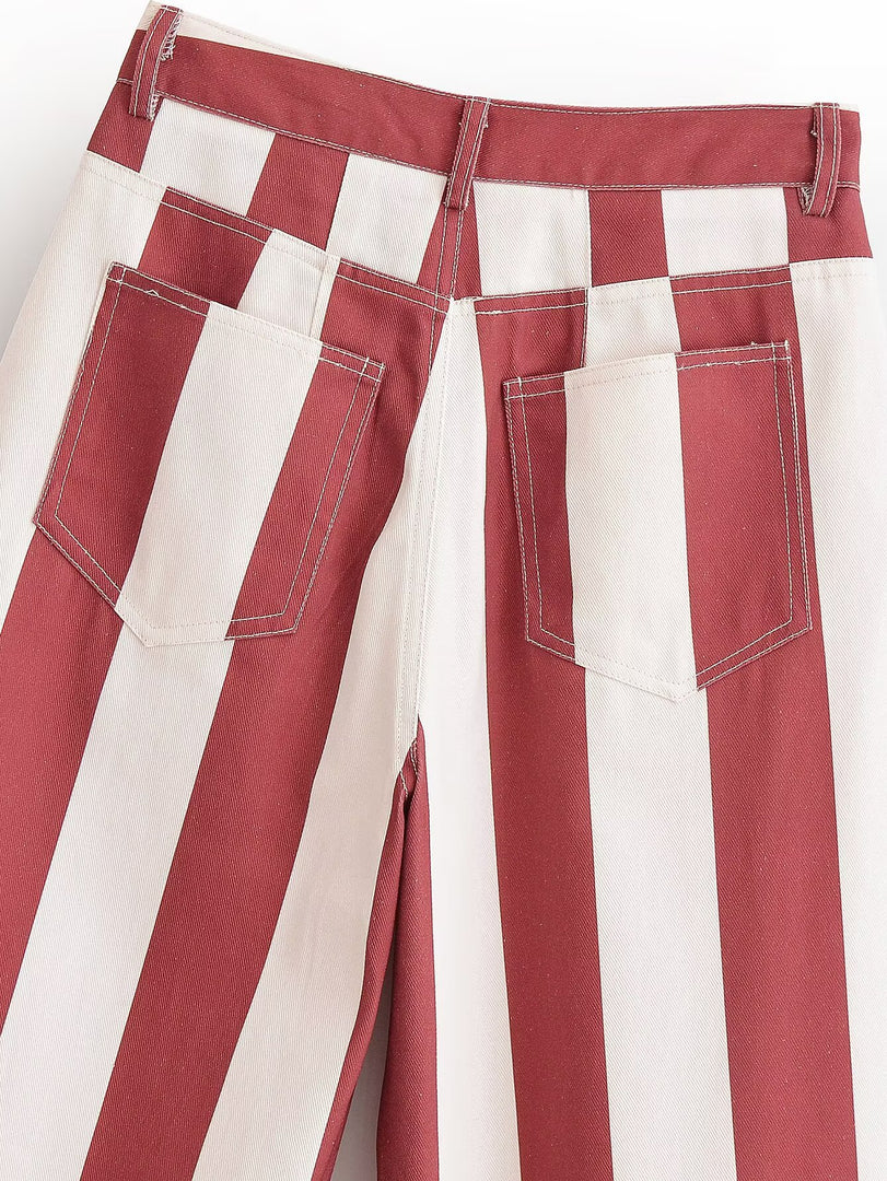 High Waist Slimming Stripe Tapered Jeans Red White N6H131