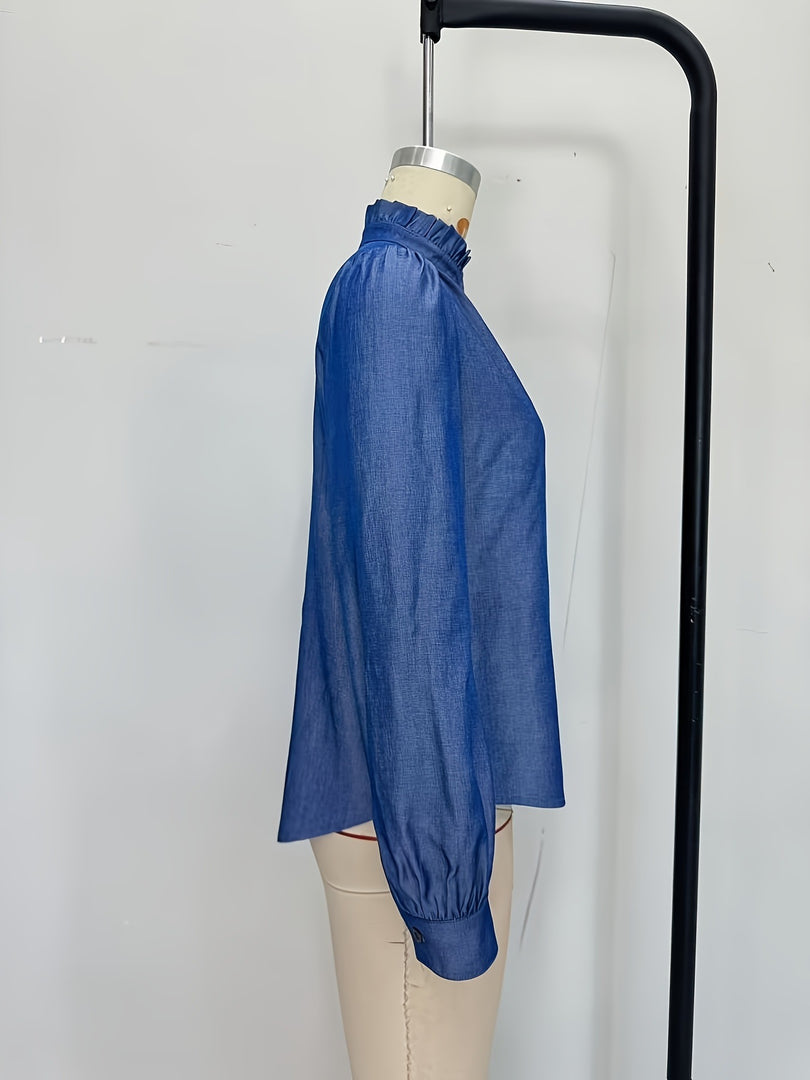 Denim Look French Vintage Ruffle Blouse Women N6C126
