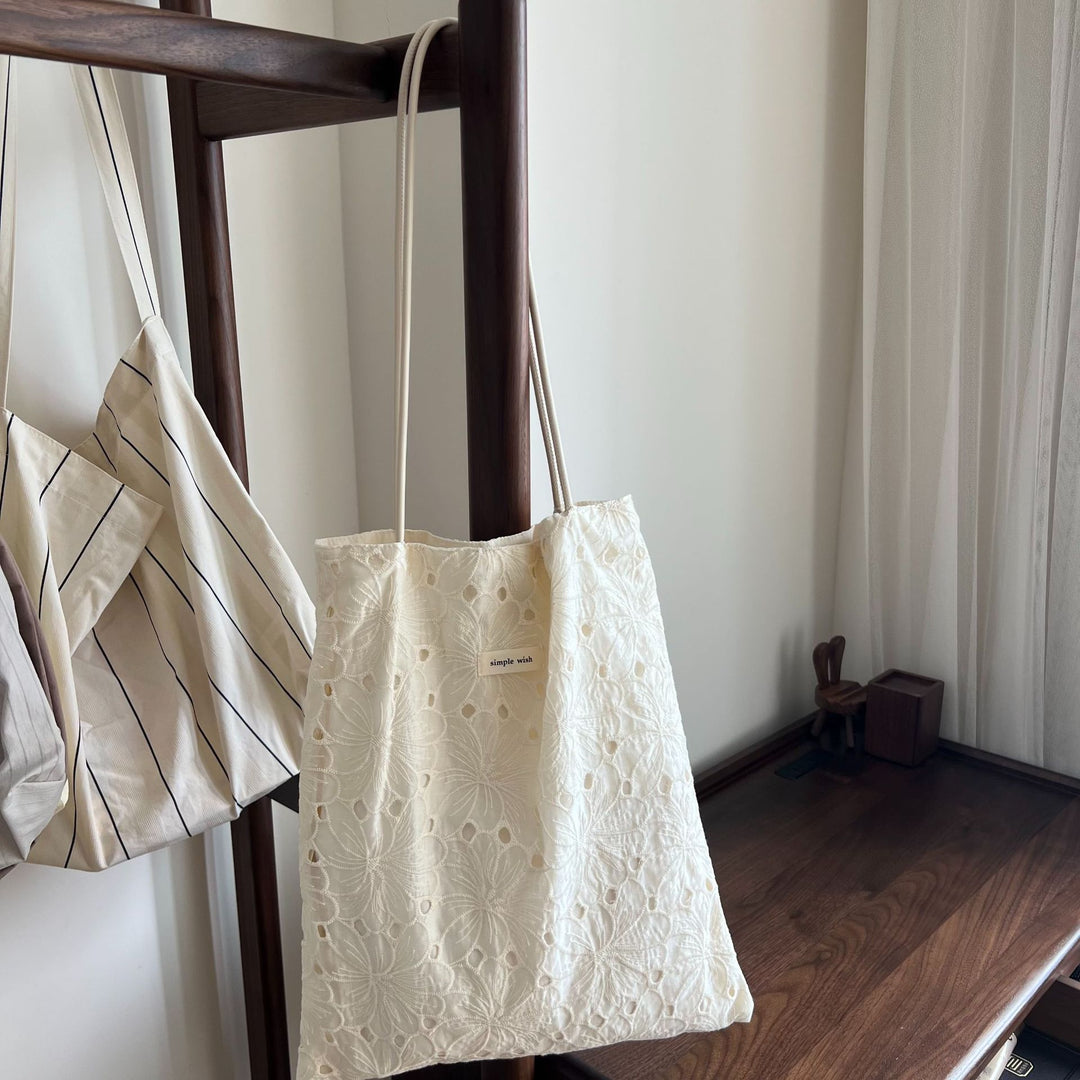 Cut-out Embroidery Fine Strap Canvas Shoulder Bag N6F181