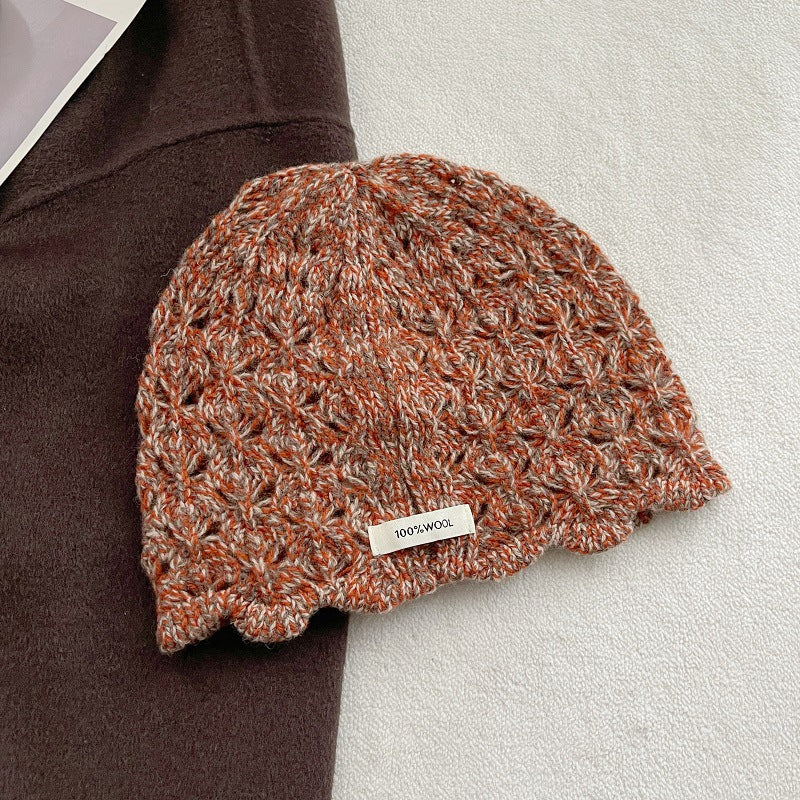 100% Wool Crochet Lace Hollow Knit Beanie Women N6H219