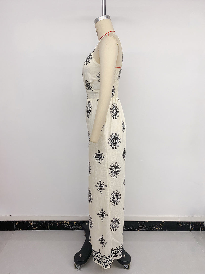 Vacation Halter Ethnic Print Wide Leg Jumpsuit Women N6C253