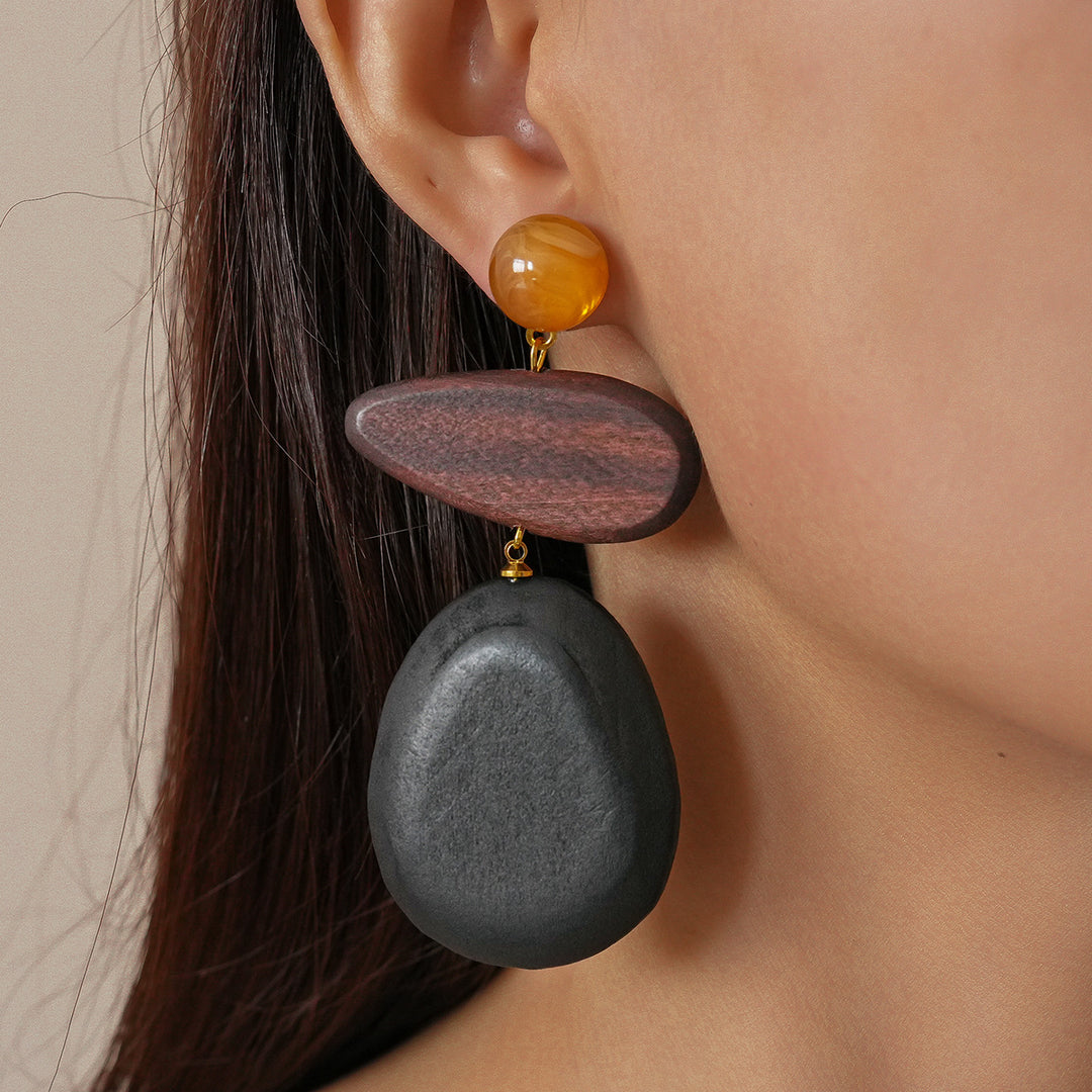 Resin Wood Drop Heart Round Silver Stud Earrings N6H090