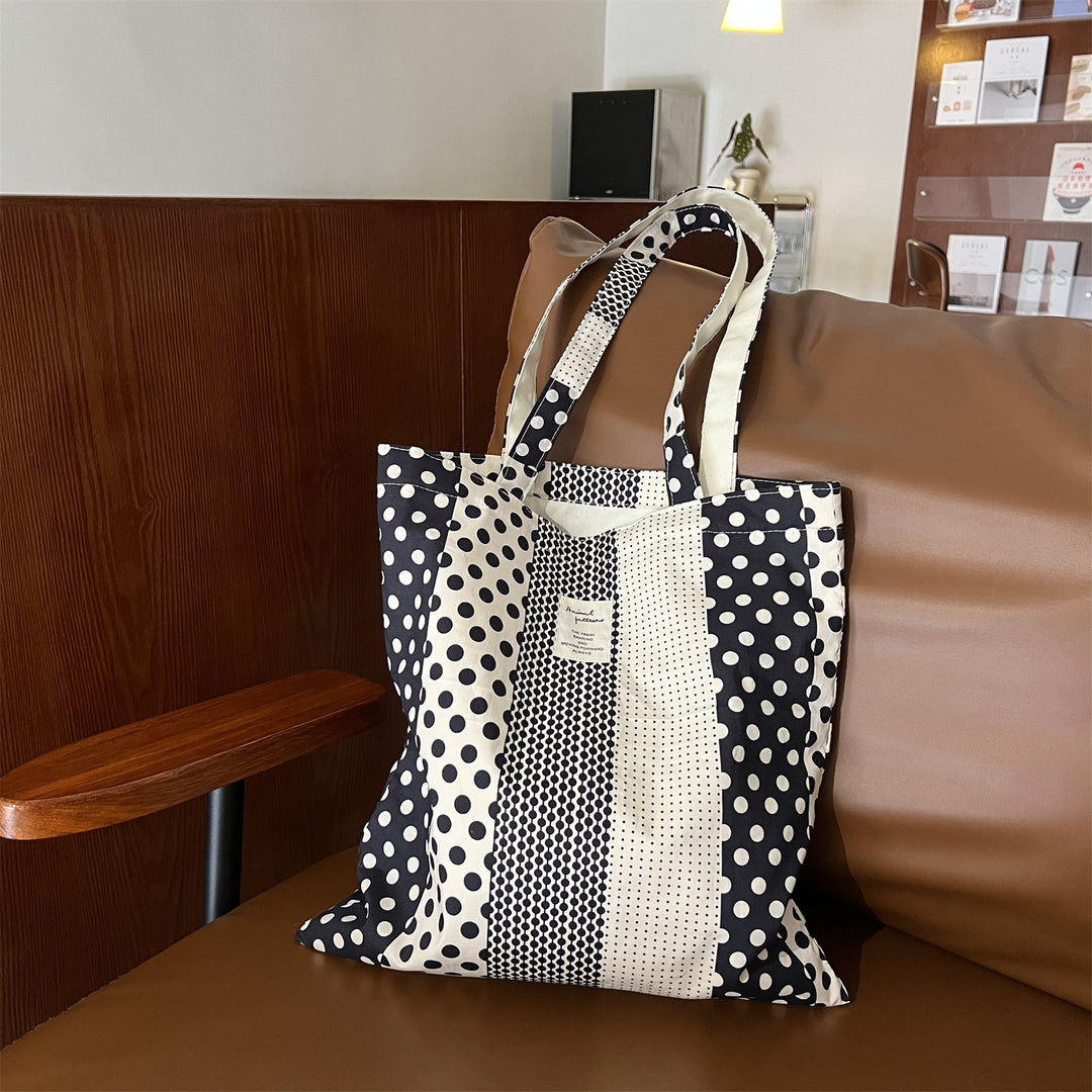 Black White Polka Dot Canvas Tote Bag Shoulder Crossbody N6F182