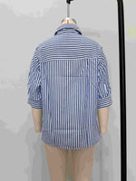 Load image into Gallery viewer, Blue Striped Mid Length Sleeve Blouse Women Vacation N6F229