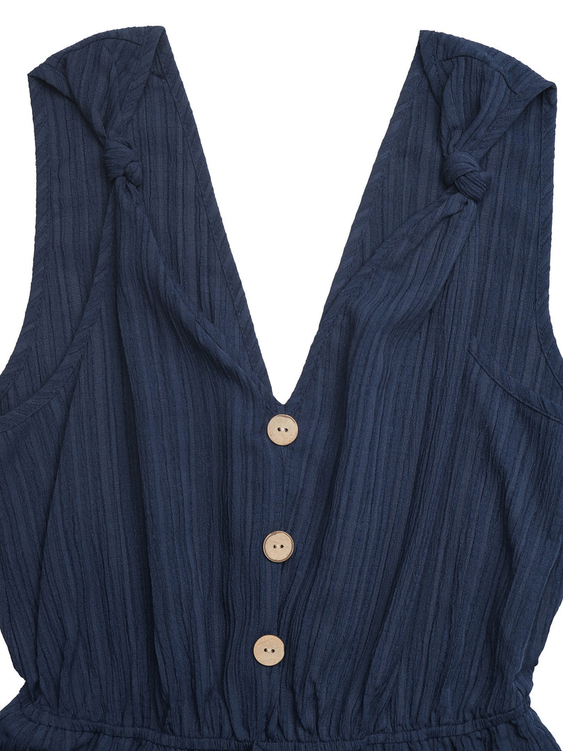 Sleeveless V Neck Textured Tie-Waist Jumpsuit Shorts N6C259