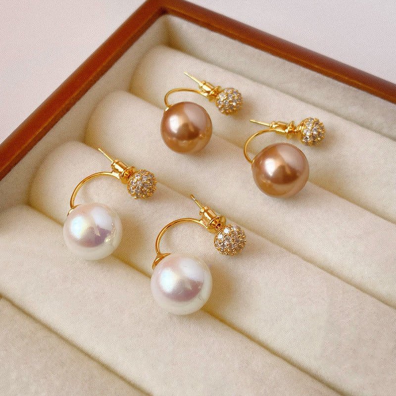 2-in-1 Zircon Faux Pearl Stud Earrings Real Gold Plated N6H156