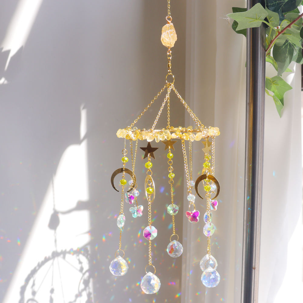 Raw Crystal Rotating Wind Chime Star Moon Sun Catcher N6F292