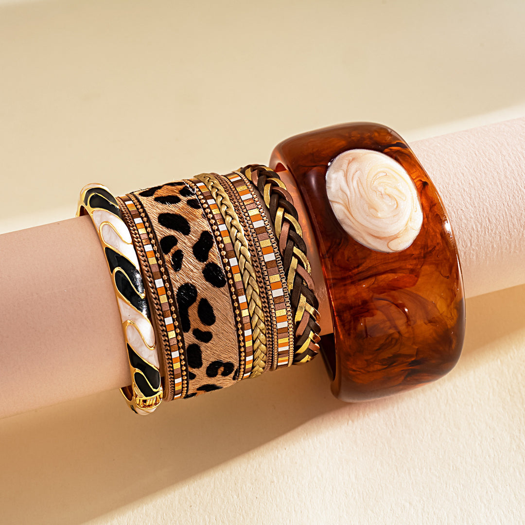 Vintage Leather Leopard Braided Magnetic Clasp Bangle N6H088