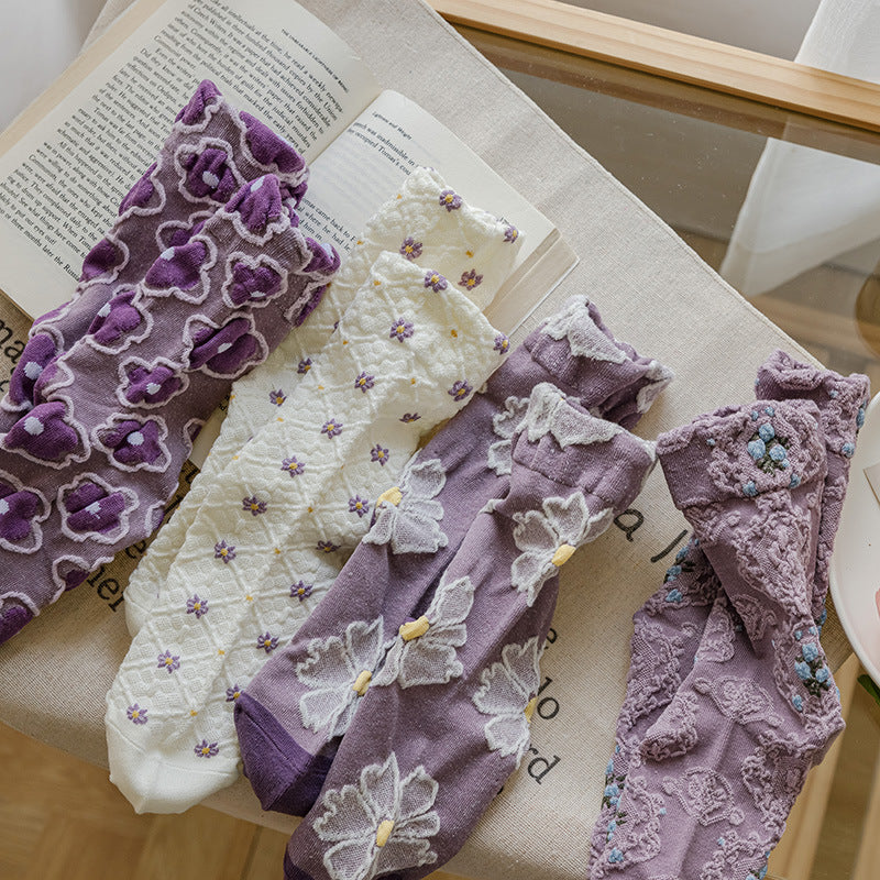 Vintage Embossed Floral Mid-Calf Socks Women Cotton N6H021