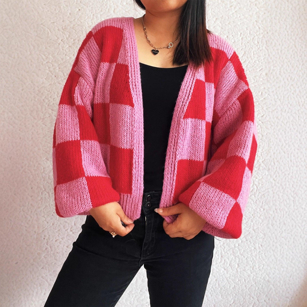 Check V Crop Cardigan Mid Heavy Rose N5A229