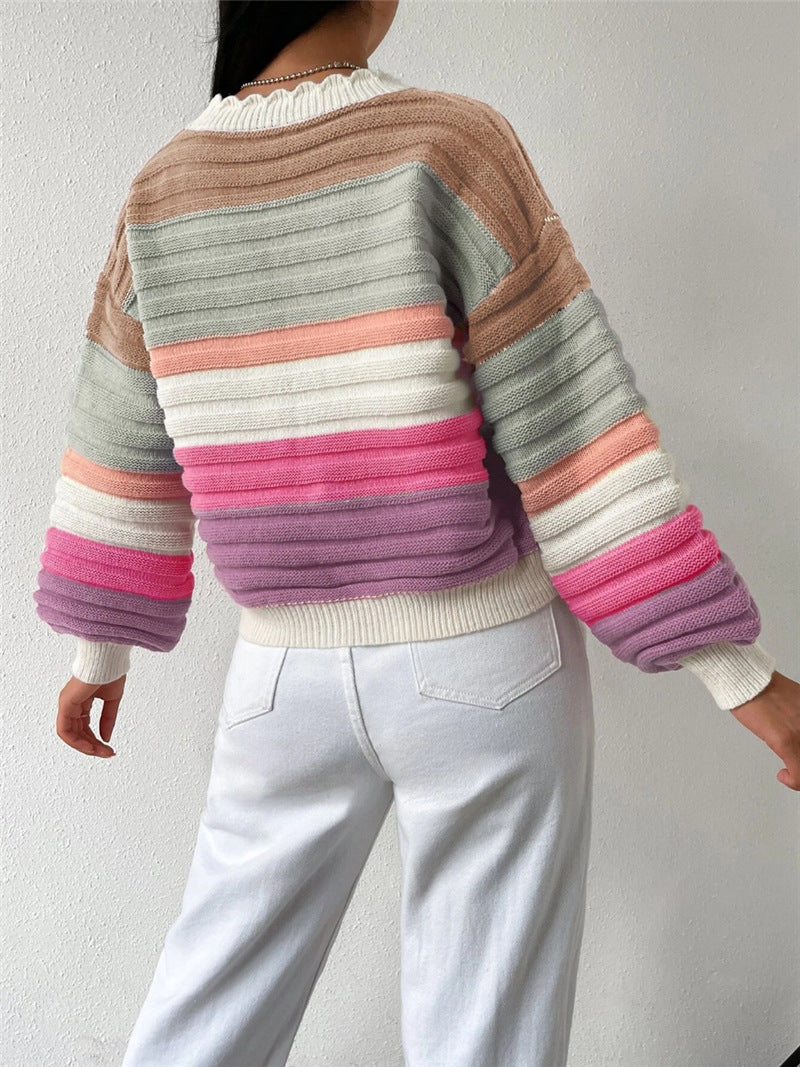 Colorblock Rainbow Lantern Sleeve Cardigan Women N6G287