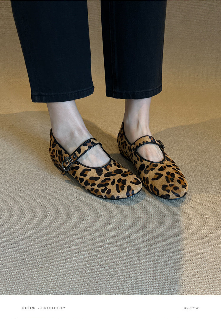 Retro Round Toe Leopard Pony Hair Mary Jane Flats N6C147