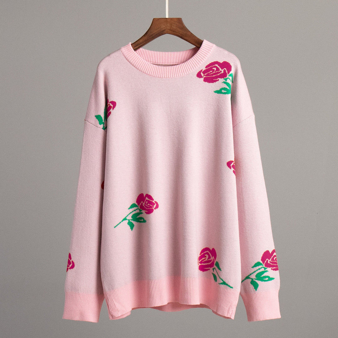 Rose Round Sweater Mid Weight Pink Black Gray N5Z843