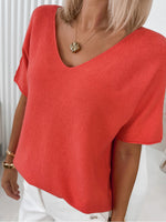 Load image into Gallery viewer, V-neck Relaxed Short Sleeve Knit Top Women Orange N6D138