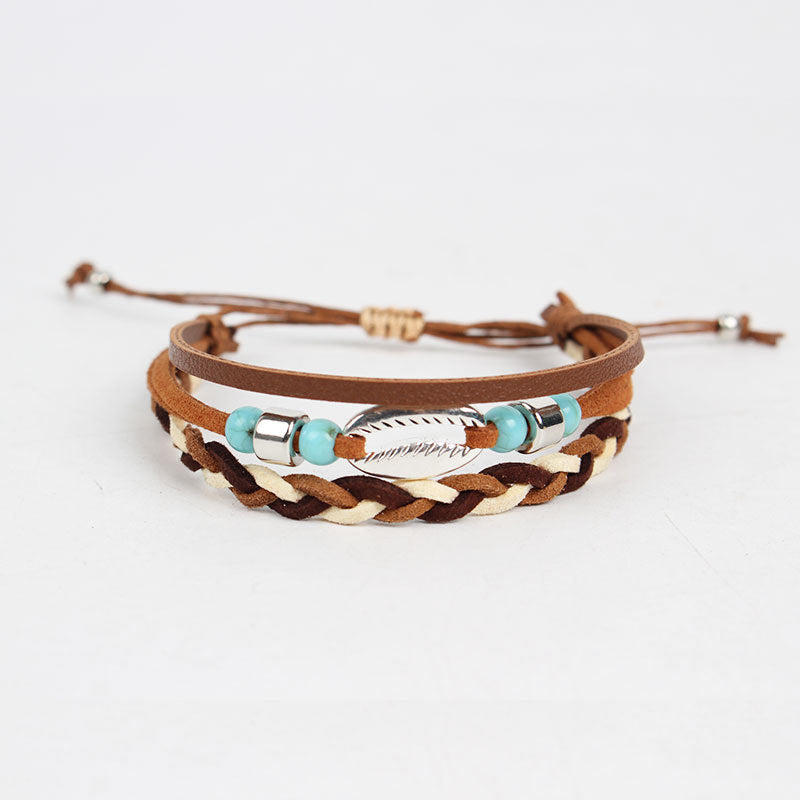 Hand Woven Shell and Leather Multi Layer Bracelet S5P616