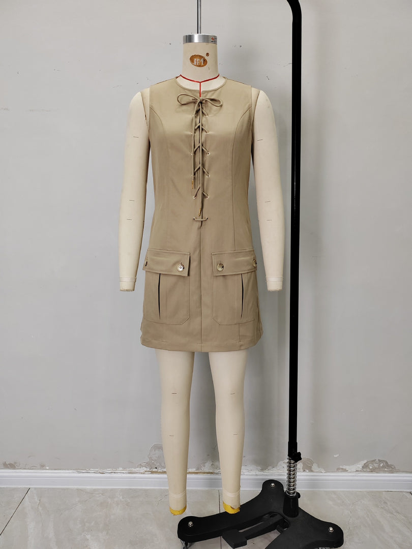 Khaki Sleeveless Cross Tie High Waist A-Line Dress N6F231