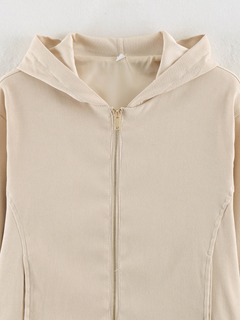 Drawstring Hooded Zip Jacket & Jogger Pants Set Women N6H128