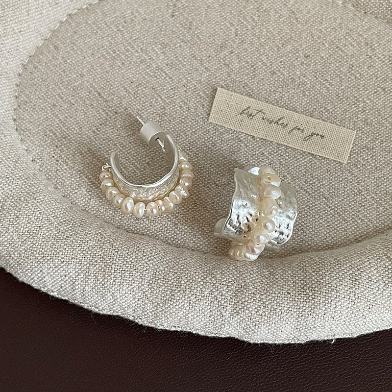 Hammered Pearl Stone Wide Stud Earrings Women N6H165