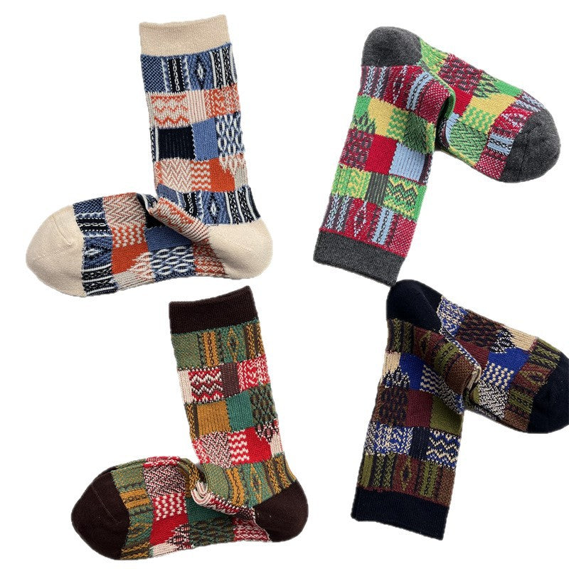 Color Block Plaid Socks Women Mid Calf Retro Check M5A016