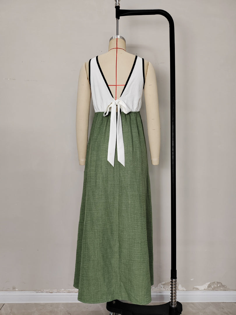 Elegant Contrast V-Neck Backless Green Maxi Dress N6A088