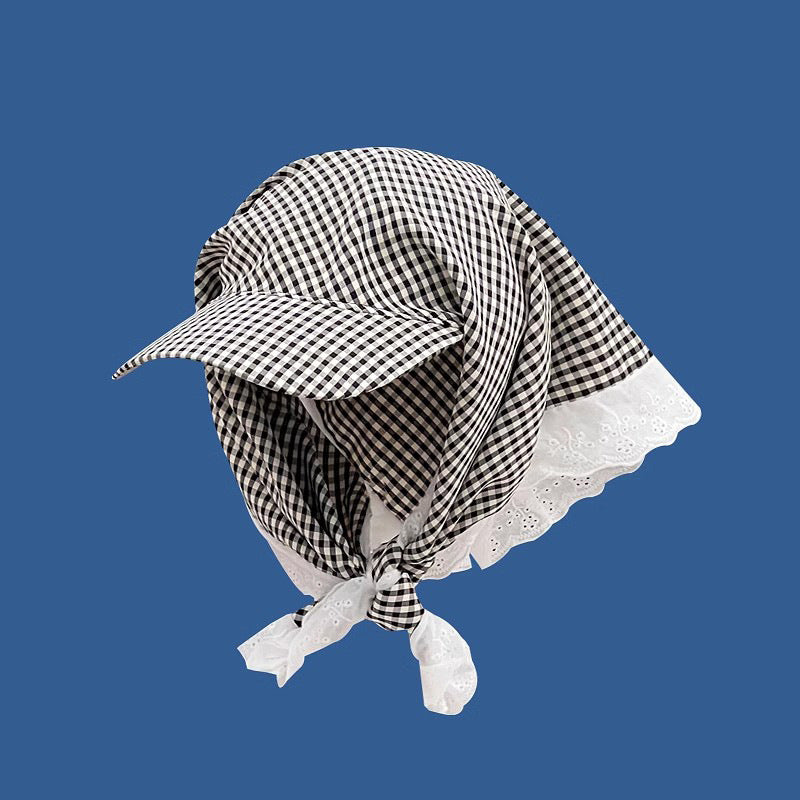 Gingham Lace Trim Headscarf Hat Women N6C365